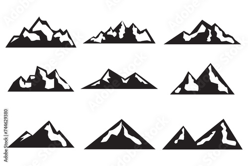Mountain peak silhouettes. Black hills, top rocks. Mountains symbols, extreme sport hiking climbing travel or adventures. Isolated geology landscape elements vector set 