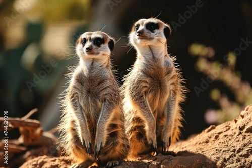 Two meerkats standing on a mound, attentively watching their surroundings, Generative AI