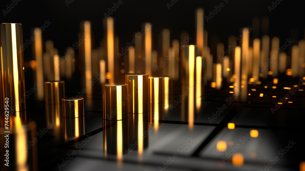 3d graph of business or economy growth with gold cylinder on reflective black floor, business economy analysis, abstract background, business wallpaper or presentation backdrop 3d graph of business or economy growth with gold cylinder on reflective black floor, business economy analysis, abstract background, business wallpaper or presentation backdrop
