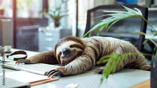 tired sloth sleeping at the table in the office. fatigue, laziness and slowness at work