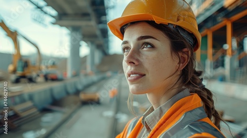 Female construction worker talks to her colleague. A futuristic road is under construction in the background. Generative AI. © visoot