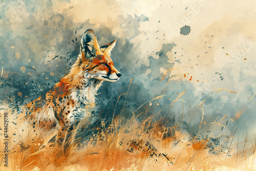 red fox in the desert, cayot, watercolor photo