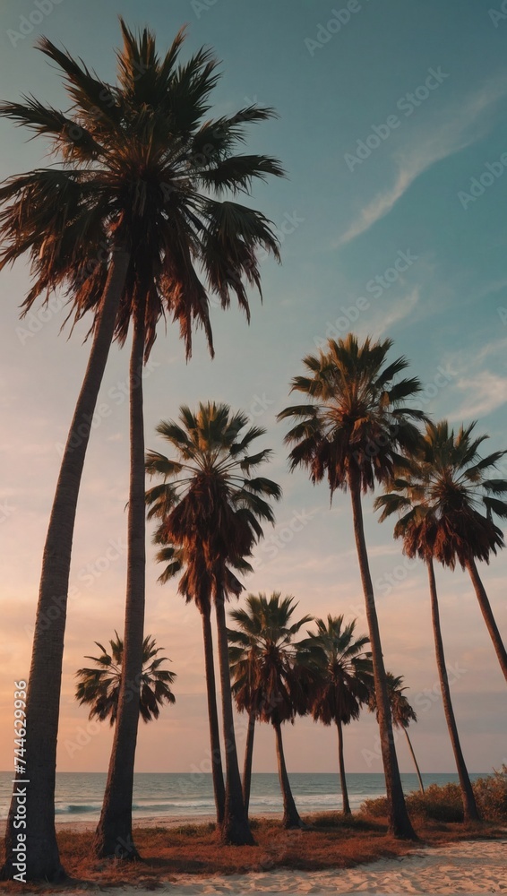 retro-style palm trees in a beach sunset during autumn. 