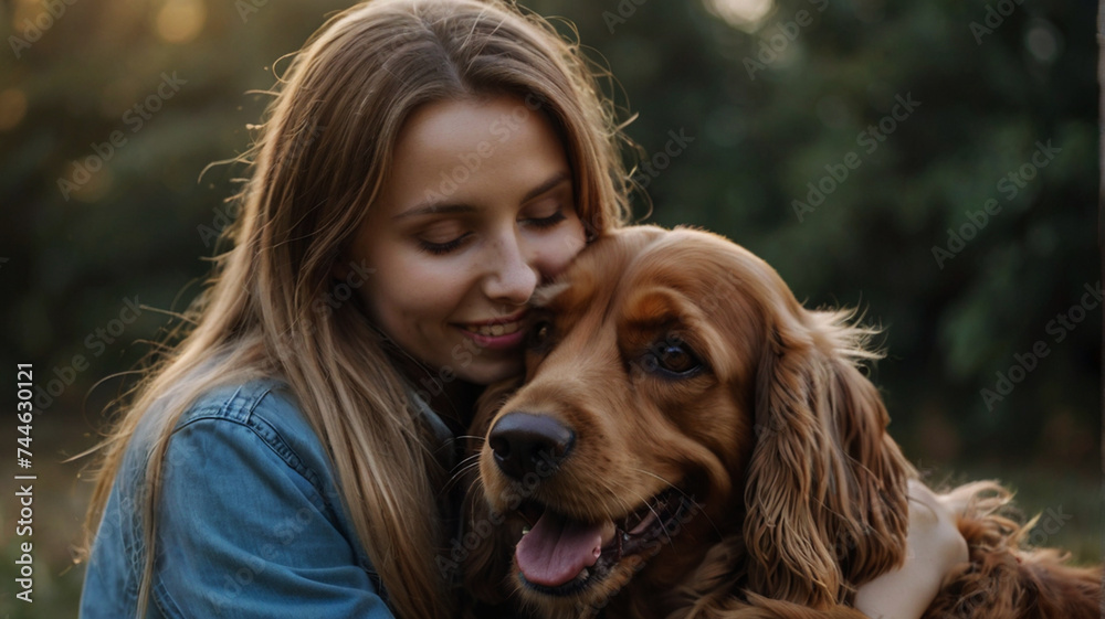 Young woman poses with her Cocker Spaniel in the garden and hugs him affectionately
