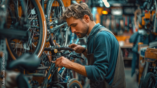 A man meticulously repairing a bike in his store's workshop. Generative AI.