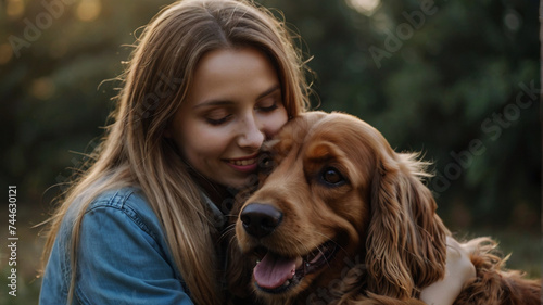 Young woman poses with her Cocker Spaniel in the garden and hugs him affectionately