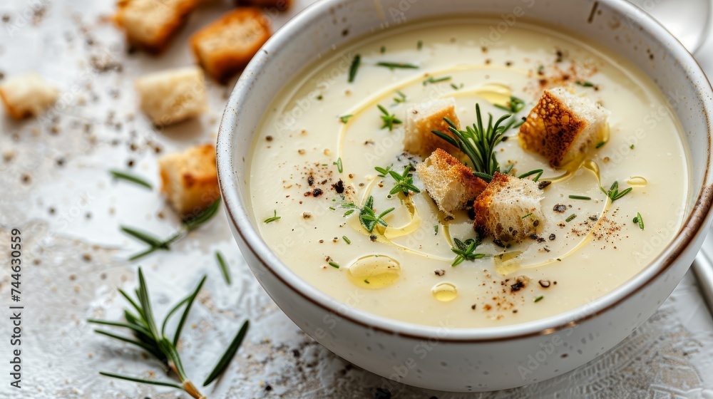 Velvety Pumpkin Cream Soup with Rosemary and Croutons.