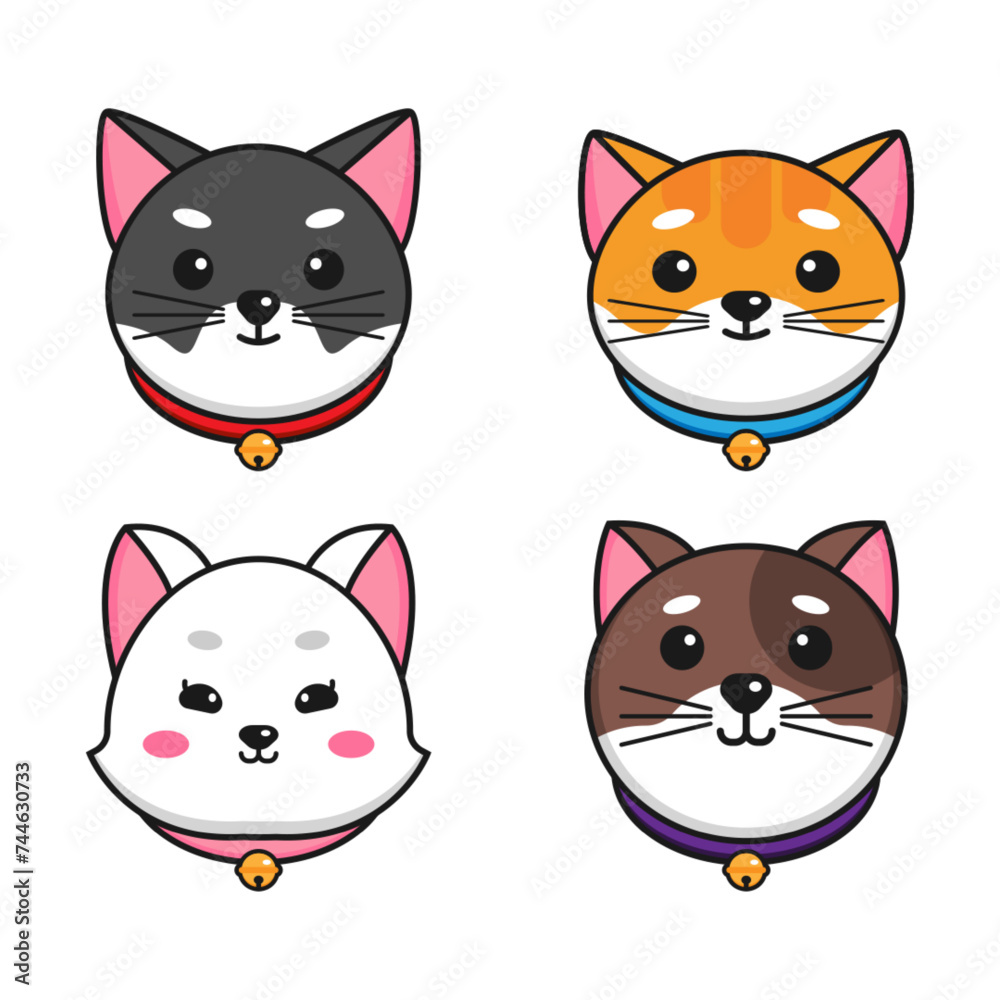 Set different cartoon cat faces wearing collar