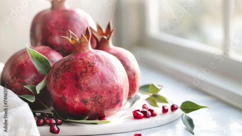 Glistening arils fall from ripe pomegranates on a serene background.