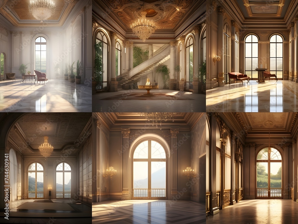 Collage of photos of the interior of an old castle. 3d render