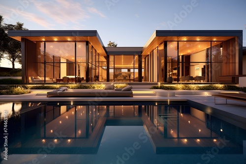 Swimming pool of a modern villa in the evening light.