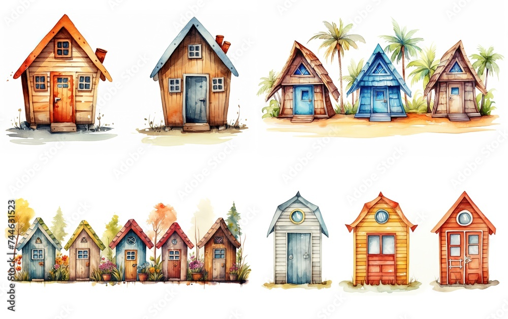 watercolor cartoon illustration, cute beach cabin  collection set on white background, Generative Ai