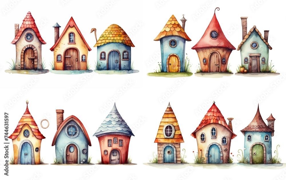 watercolor cartoon illustration, cute whimsical small  house, collection set on white background, Generative Ai