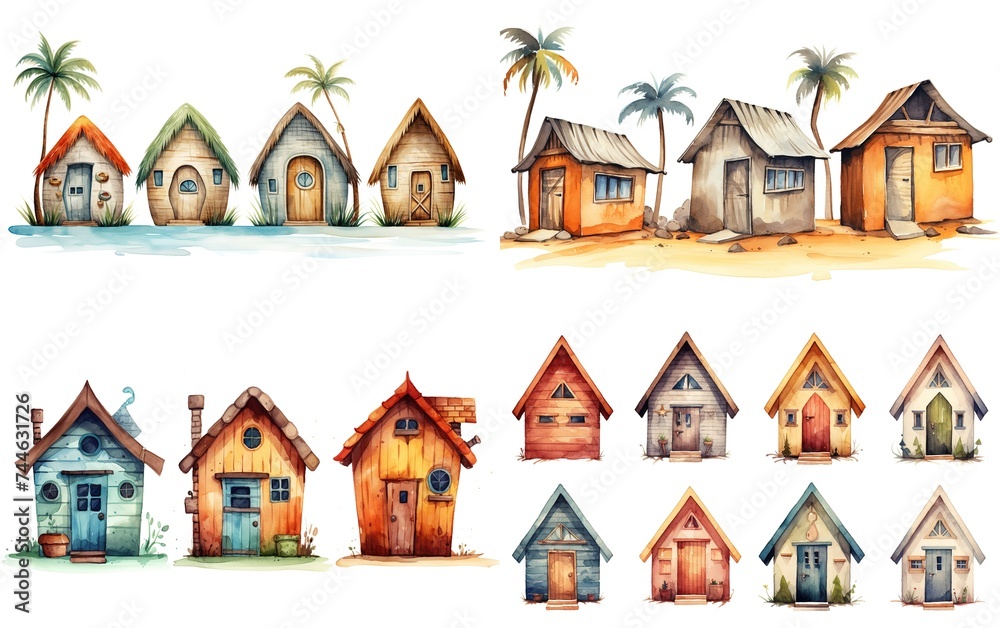 watercolor cartoon illustration, cute beach cabin  collection set on white background, Generative Ai