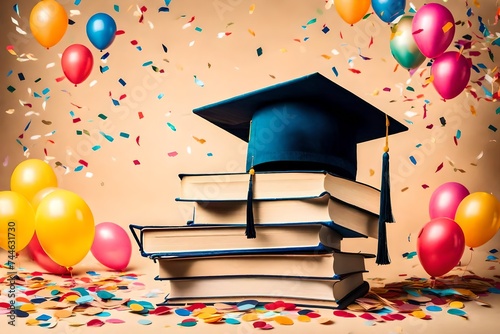 graducation decoration, Embrace the joy of academic achievement with a graduation cap perched atop a stack of books against a beige background, amidst a backdrop of colorful balloons and confetti,  photo