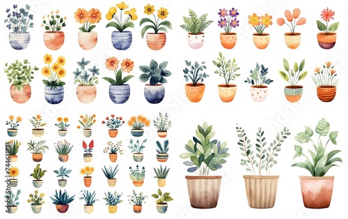 watercolor painting style illustration of cute boho flower pot plants collection set isolated on white background, Generative Ai 
