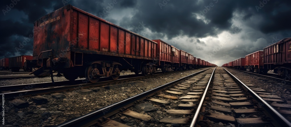 Obraz premium Freight wagons halted on railway track.