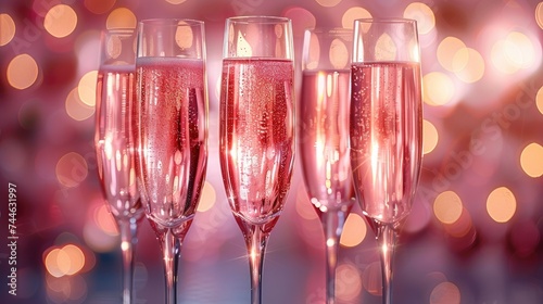 Close-up of five shimmering pink champagne glasses, ready for a festive occasion. Generative AI.