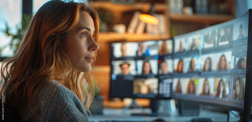 A woman sitting in front of her computer screen and interacting with other people on the screen in office. Generative AI. A woman sitting in front of her computer screen and interacting with other people on the screen in office. Generative AI.