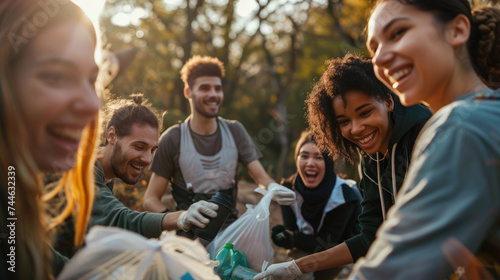 Group of happy volunteers enjoy charitable picking trash into garbage bags for recycling to reduce pollution in a public park