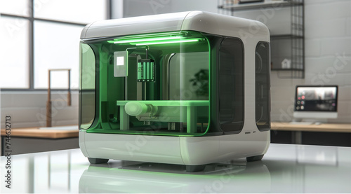 3D printer features a design with a translucent green window covering the left three-quarters of the product, allowing visibility into the printing process. Generative AI.