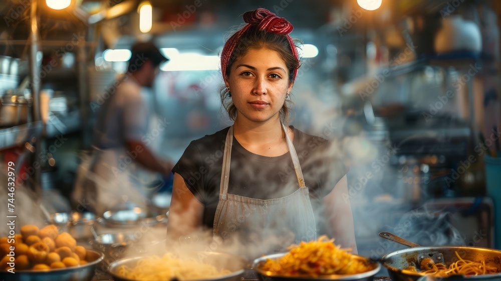 Confident Female Chef at Traditional Food Stall with Steaming Pots