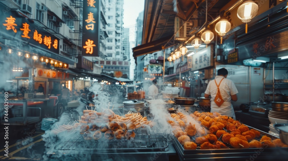 Bustling Asian Street Food Market Scene with Steamy Stalls at Dusk