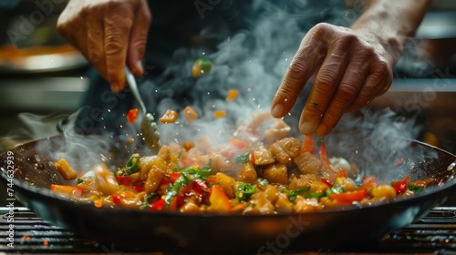 Chef Stir-Frying Chicken and Vegetables in Flaming Wok