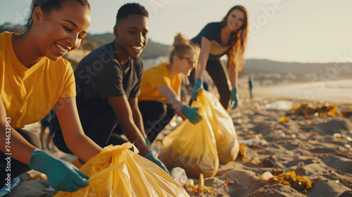 Group of happy volunteers enjoy charitable picking trash into garbage bags for recycling to reduce pollution in a public beach