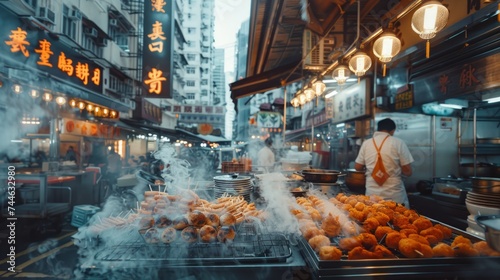 Bustling Asian Street Food Market Scene with Steamy Stalls at Dusk