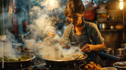 Traditional Asian Street Food Vendor Cooking in Outdoor Night Market