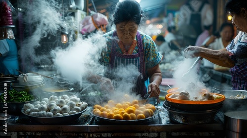 Traditional Asian Street Food Vendor Cooking in Bustling Night Market