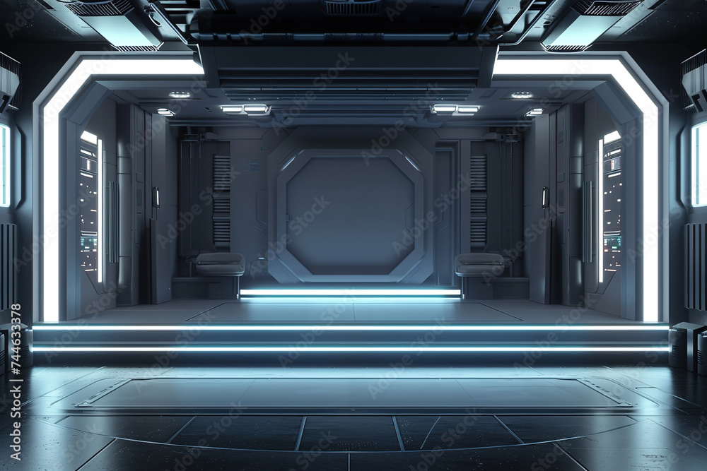 Fototapeta premium Empty metal space, neon lights, Futuristic, modern interior, future room style or spaceship, sci-fi, hi-tech, background, 3D rendering.