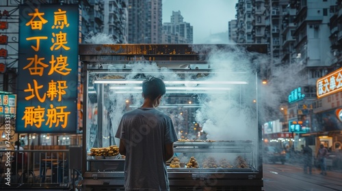 Nighttime Street Food Vendor in Urban Asian Cityscape