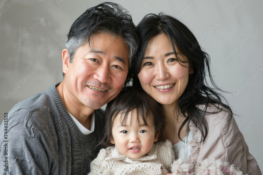 happy asian family on gray background