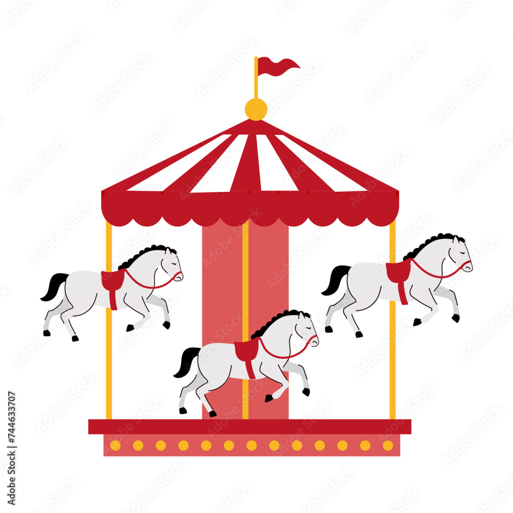A cute illustration of a merry go round. A carousel with three white horses. A cute illustration of a merry go round. A carousel with three white horses.