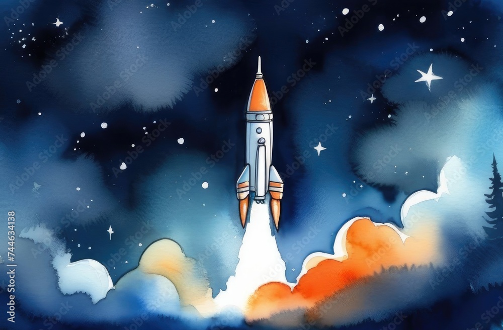 Obraz premium Rocket takes off into space. Space background. Watercolor Illustration.