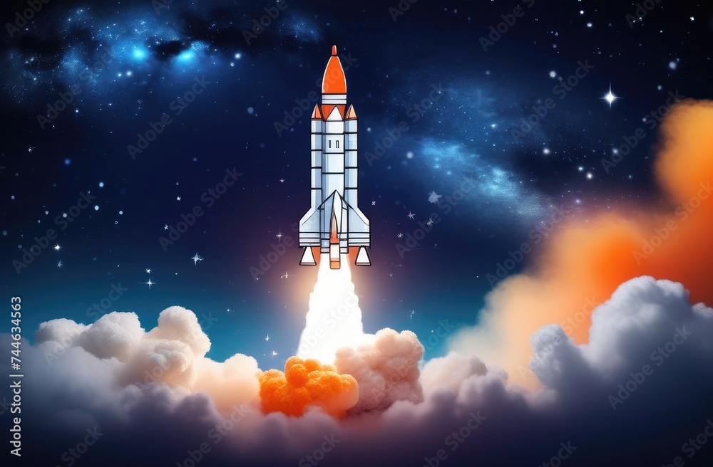 Fototapeta premium Rocket takes off into space. Space background. Illustration.