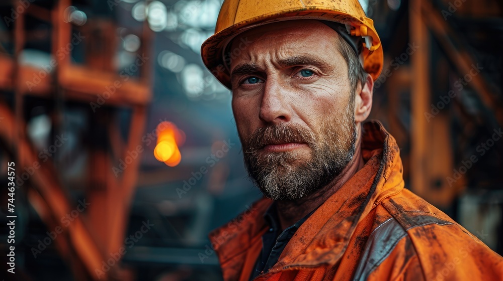 A worker in a steel mill factory looking into the camera. Generative AI.