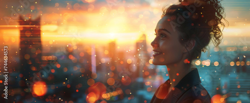 A Woman Contemplating Cityscape at Dusk, bathed in the fiery hues of sunset.