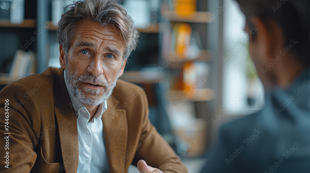 A businessman is explaining to a male colleague on a computer on his desk in the office. Generative AI. A businessman is explaining to a male colleague on a computer on his desk in the office. Generative AI.