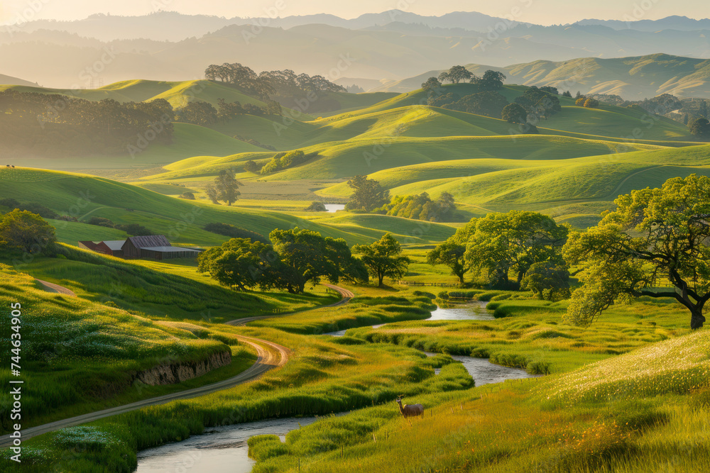 Idyllic countryside panorama with rolling hills, meandering streams.