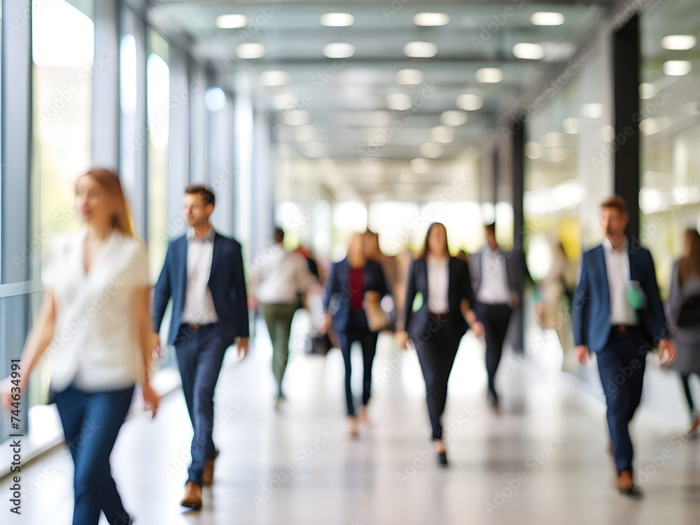 business people walking in bright office lobby fast moving with blurry, crowded office workplace people walking in corridor, busy business people executives walking in office building interior lobby