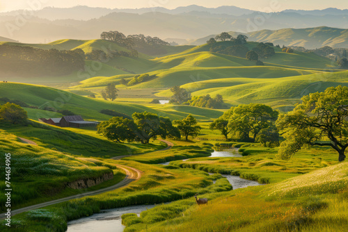 Idyllic countryside panorama with rolling hills  meandering streams.