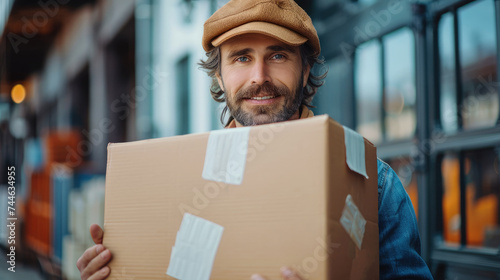 Engineer holding a carton box. Generative AI.