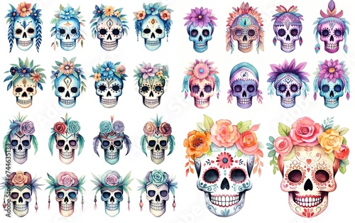 watercolor cartoon cute skeleton skull decorated with make up and spring flower headdress, día de los muertos, day of the dead, collection set isolated on white background, Generative Ai