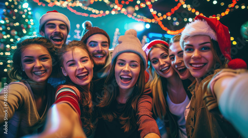 Happy friends taking selfies at a Christmas party. A group of young people smiling for the camera at a nightclub