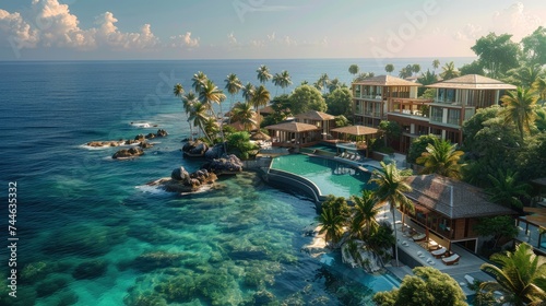A luxury resort nestled among palm trees on a tropical island, with infinity pools overlooking the azure sea water and private villas dotting the coastline. Aerial high view. Generative AI. © visoot