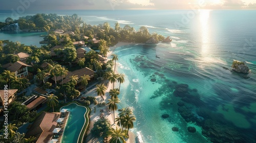 A luxury resort nestled among palm trees on a tropical island, with infinity pools overlooking the azure sea water and private villas dotting the coastline. Aerial high view. Generative AI. © visoot