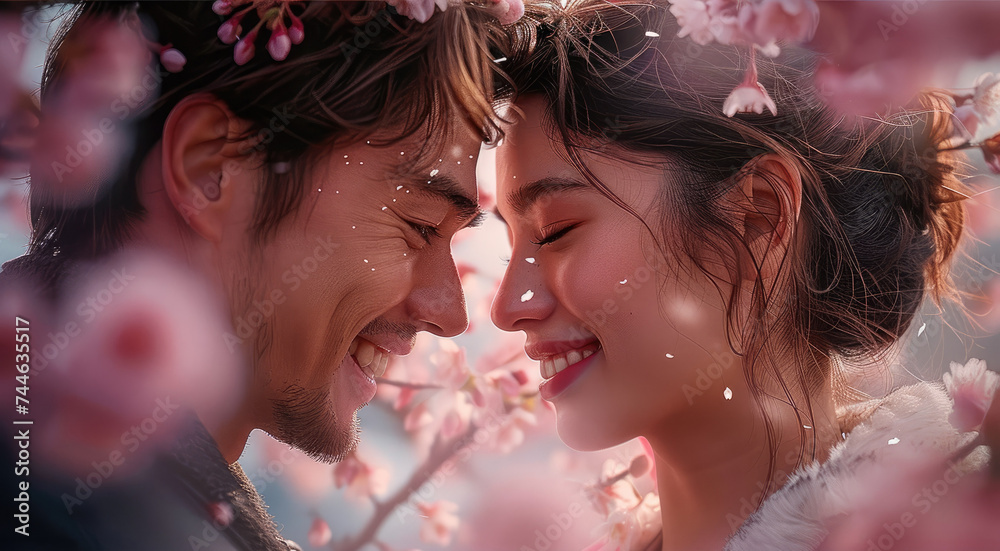 Happy couple smiling and embracing under a cherry blossom tree. Generative AI. Happy couple smiling and embracing under a cherry blossom tree. Generative AI.